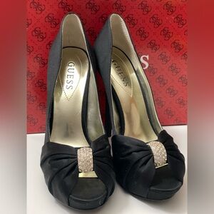 Guess Black Satin Heels with Glittering Bow